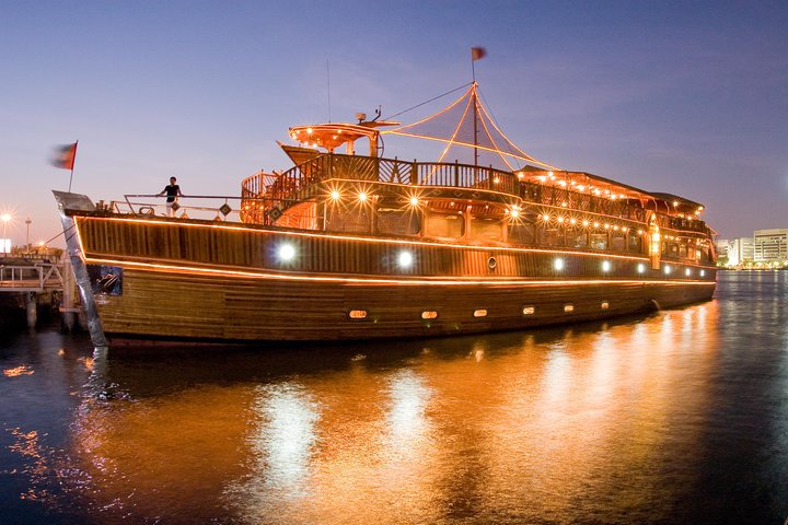 Experience Dubai's stunning skyline from the comfort of the luxury Rustar dhow cruise complete with delicious gourmet dining and captivating live entertainment. A perfect evening awaits on the water!